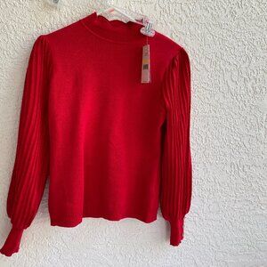 Nanette Lepore Red Sweater  M NWT  Mock Collar Ribbed Puff Sleeves Gold Metallic
